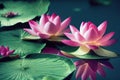 Ravishing pink waterlily floating on water with realistic detail blossom.