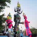 Ravnans being ignited during Dussera festival at ramleela ground in Delhi, India, Big statue of Ravana to get fire during the Fair