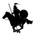 Silhouette of an ancient cavalry soldier warrior ride a horse carrying spear and shield weapon wearing war armor. Royalty Free Stock Photo