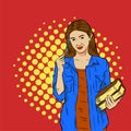 Illustration of a pretty female student carrying books and pencil in casual outfit Royalty Free Stock Photo