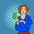 Illustration of a pretty young woman showing phone display.