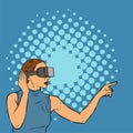 Illustration of a young woman wearing virtual reality goggle mask gadget in amazed expression exploring cyber space.