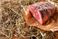 Raw aged prime black angus beef in craft papper on straw