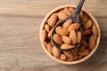 Raw almond nut in bowl with spoon on wooden background