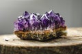 Raw amethyst rock with reflection on natural wood crystal ametist Royalty Free Stock Photo