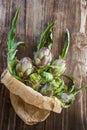 Raw artichokes in a paper bag.