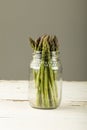 Raw asparagus vegetables in glass jar on table against gray background with copy space Royalty Free Stock Photo