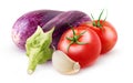 Raw aubergines, tomato and garlic isolated on white background