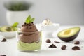 Raw avocado chocolate mousses on a white table Royalty Free Stock Photo