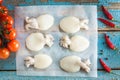 Raw babies cuttlefish on blue rustic background Royalty Free Stock Photo
