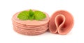 Raw baloney sausage - food on white background