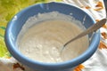 Raw batter and a spoon in a deep blue plastic bowl close-up. Royalty Free Stock Photo