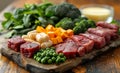 Raw beef broccoli sweet corn peas and carrots on wooden board Royalty Free Stock Photo