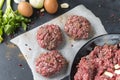 raw beef cutlets, burger , ground beef, spices, Eggs, celery, garlic, onion