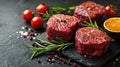 Raw beef filet Mignon steak on a wooden Board with pepper and salt, black Angus marbled meat Royalty Free Stock Photo