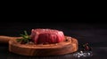 Raw beef filet Mignon steak on a wooden Board with pepper and salt, black Angus marbled meat. Generative AI Royalty Free Stock Photo