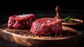 Raw beef filet Mignon steak on a wooden Board with pepper and salt, black Angus marbled meat. Generative AI