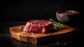 Raw beef filet Mignon steak on a wooden Board with pepper and salt, black Angus marbled meat. Generative AI