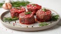 Raw beef filet Mignon steak on a wooden Board with pepper and salt, black Angus marbled meat Royalty Free Stock Photo