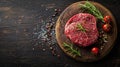 Raw beef filet Mignon steak on a wooden Board with pepper and salt, black Angus marbled meat Royalty Free Stock Photo