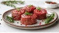 Raw beef filet Mignon steak on a wooden Board with pepper and salt, black Angus marbled meat Royalty Free Stock Photo