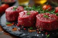 Raw beef filet Mignon steak on a wooden Board with pepper and salt, black Angus marbled meat Royalty Free Stock Photo