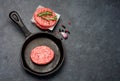 Raw Beef Meat Burger cutlets and spices in a cast-iron frying pan. Royalty Free Stock Photo