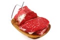 Raw beef meat chunk and slices on cutting plate Royalty Free Stock Photo