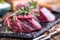 Raw beef meat. Raw beef tenderloin steak on a cutting board with rosemary pepper salt in other positions Royalty Free Stock Photo