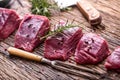 Raw beef meat. Raw beef tenderloin steak on a cutting board with rosemary pepper salt in other positions Royalty Free Stock Photo