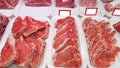 Raw beef meat ribs and steaks, meat products in small butcher shop Royalty Free Stock Photo