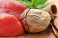 Raw beef with nutmeg other spices Royalty Free Stock Photo