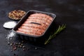 Raw beef and pork sausage in plastic tray with vintage fork on black background.Salt and pepper Royalty Free Stock Photo