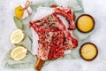 Raw beef ribs, fresh meat with mustard sauce Royalty Free Stock Photo