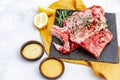 Raw beef ribs, fresh meat with mustard sauce, Royalty Free Stock Photo