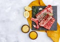 Raw beef ribs, fresh meat with mustard sauce Royalty Free Stock Photo