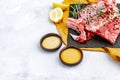 Raw beef ribs, fresh meat with mustard sauce, Royalty Free Stock Photo