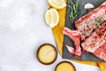 Raw beef ribs, fresh meat with mustard sauce, top view, Royalty Free Stock Photo