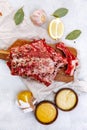 Raw beef ribs, fresh meat with sauce Royalty Free Stock Photo