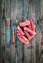 Raw Beef Ribs with Vintage Meat Fork and Butcher`s Knife Royalty Free Stock Photo