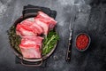 Raw Beef Short Rib, uncooked meat with bone and fat. black background. top view Royalty Free Stock Photo
