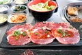 raw beef , sliced beef or beef for cook and Korean salad Royalty Free Stock Photo