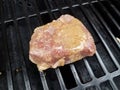 Raw beef steak on barbecue grill bars with sauce