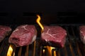 Raw beef steak cooking over flaming grill Royalty Free Stock Photo