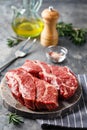 Raw beef steak on dark gray background Royalty Free Stock Photo