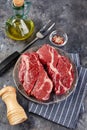 Raw beef steak on dark gray background Royalty Free Stock Photo