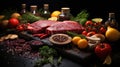 Raw beef steak on a dark wooden table, with spices, vegetables and aromatic herbs, Natural product Royalty Free Stock Photo