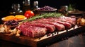 Raw beef steak on a dark wooden table, with spices, vegetables and aromatic herbs, Natural product Royalty Free Stock Photo