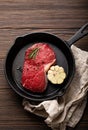 Raw beef steak on frying pan from above Royalty Free Stock Photo