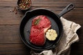 Raw beef steak on frying pan from above Royalty Free Stock Photo